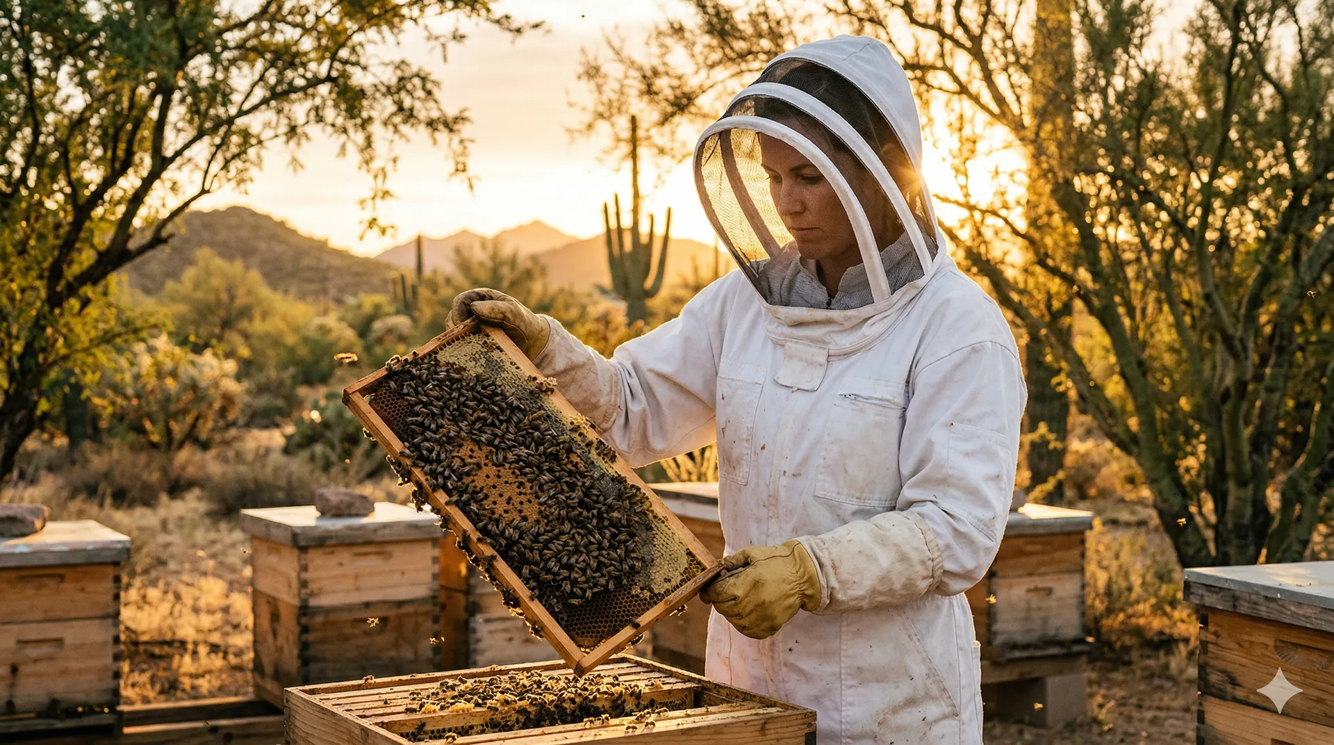 Beekeeper inspecting beehive frames in golden afternoon sunlight