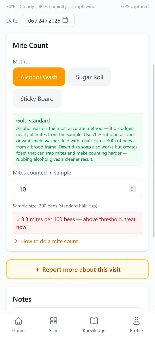 Logging a varroa mite count and method in ColonyTrack