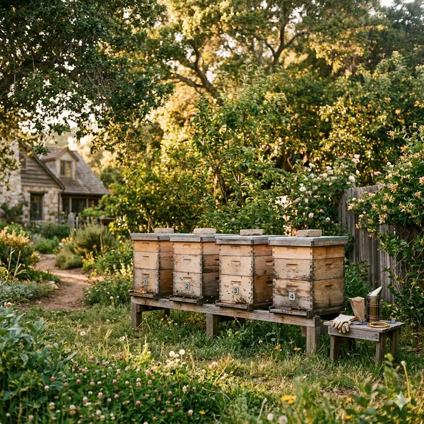 Backyard beehives in a home apiary surrounded by greenery